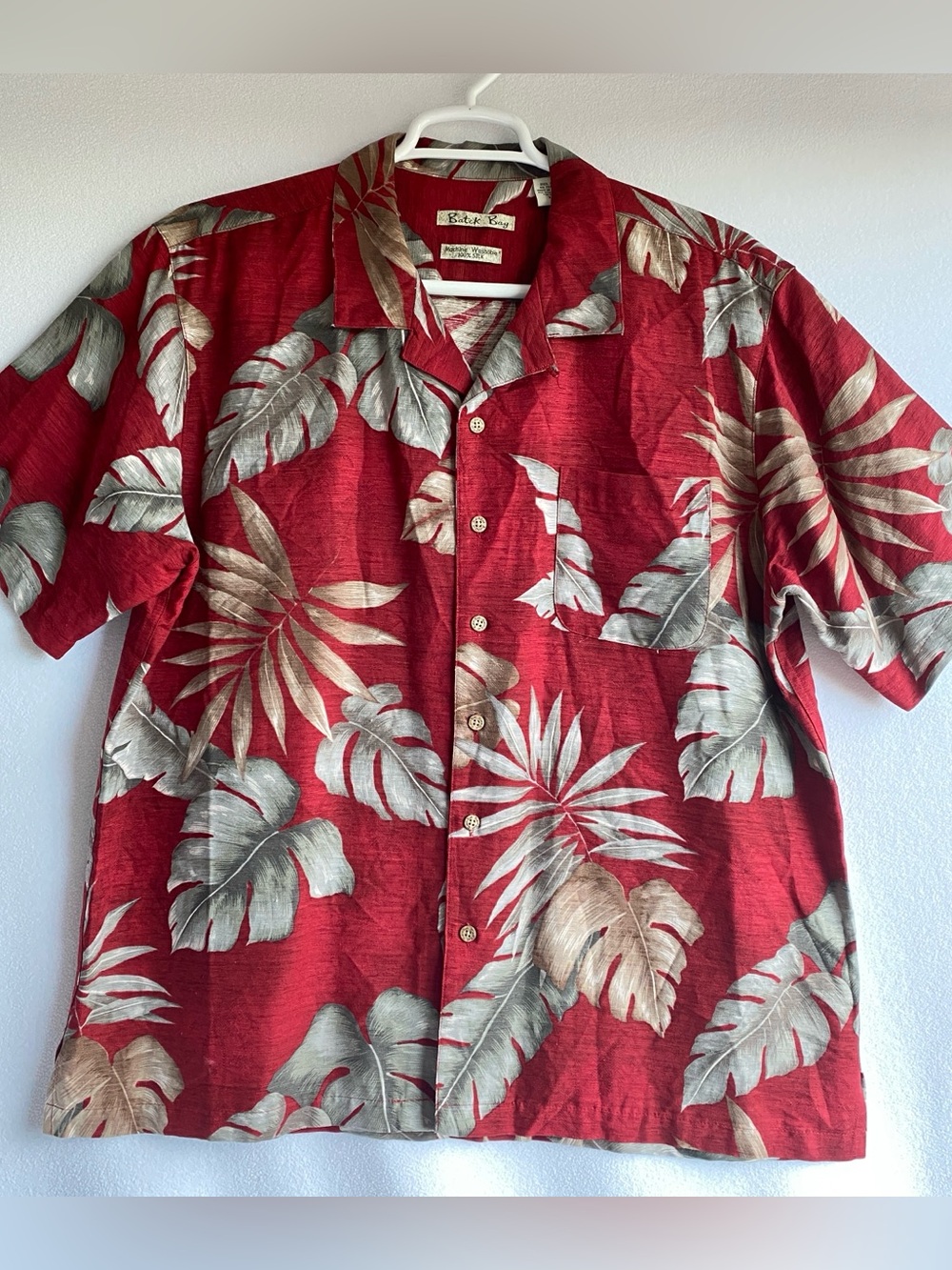 Red Silk Hawaiian Camp Shirt Tropical Leaf Print Short Sleeve Batik Bay Men’s XL